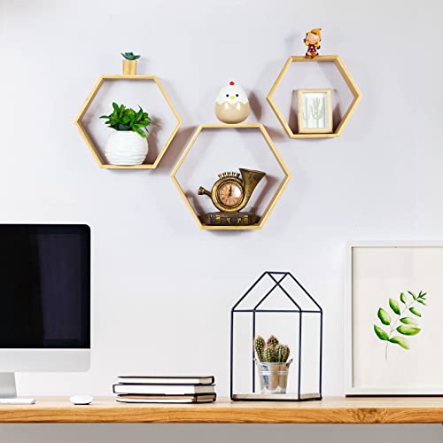 Floating Hexagon Shelves Set Of 3 Hexagonal Storage Shelves Bedroom Bamboo Wall Honeycomb Floating Shelf Display Storage Rack For Wall Decor Hexagon Shelves For Living Room Hallway Farmhouse #TOP5