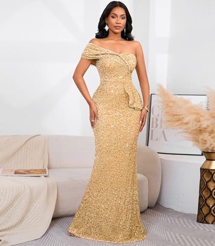 Image of Cololura Women Sexy Sequin One Shoulder Mermaid Formal Party Cocktail Gowns Bodycon Evening Maxi Dress