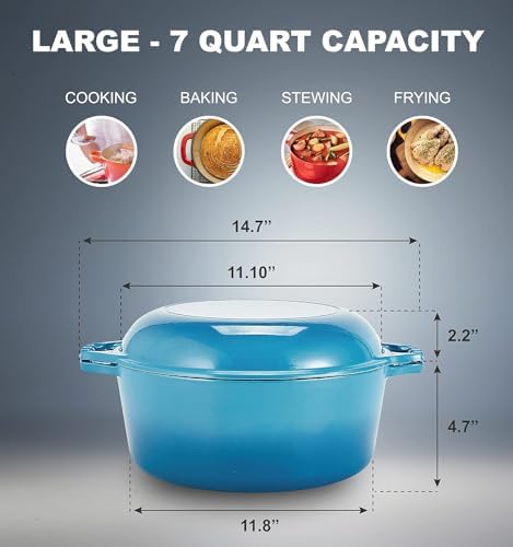 Bruntmor 2-in-1 Enamel Cast Iron Dutch Oven With Handles - Crock Pot Blue Cast Iron pot with Skillet lid - All-in-One Cookware Braising Pan for Casserole Dish - 7 Quart, Blue