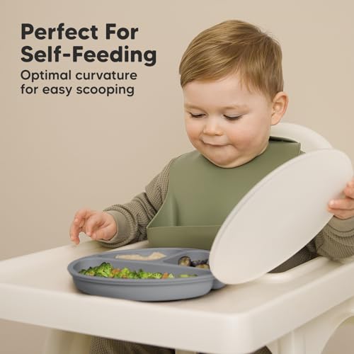Image of KeaBabies Suction Plates with Lids for Baby - 3-Pack 100% Silicone Toddler Plates with Suction, Divided, BPA-Free Baby Led Weaning Essentials for Kids, Dishwasher, Microwave Safe, Durable (Slate)