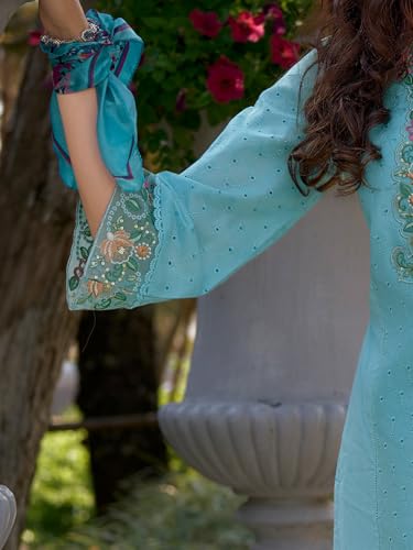 Image of INDO ERA Women's Pure Cotton Floral Embroidered Straight Kurta & Pant with Dupatta Set | Cotton Kurta Set For Woman