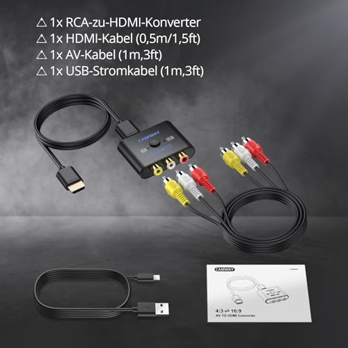 CAMWAY RCA auf HDMI Adapter, 16:9/4:3 Konvertierung 1080P Composite Cinch Video Audio Konverter mit 50CM HDMI Kabel und 1M AV Kabel, AV zu HDMI Adapter Unterstützt PAL/NTSC für Wii/PS1/PS2/N64/DVD/VCR