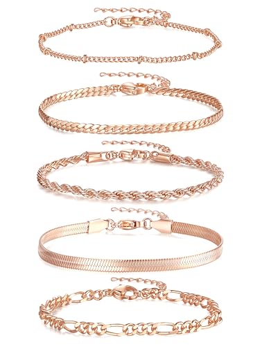 Sahoottie Rose Gold Bracelets for Women Dainty Rose Gold Plated Stackable Bracelet Stack for Women Trendy Thin Adjustable Bracelets Paperclip Chain Cuban Link Layered Jewelry Gifts for Womens
