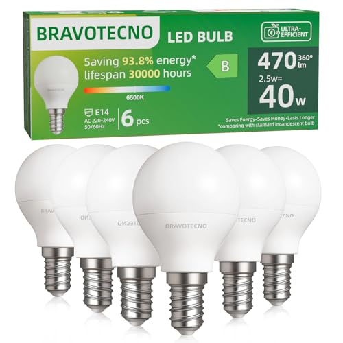 bravotecno Ampoule E14 LED, Classe Énergétique B, Ampoule E14 Blanc Froid 6500K, 2,5W 470LM G45, Équivalent à 40W, Angle de Faisceau 360°, Non-Dimmable, Chaleur Faible & Durable, Lot de 6