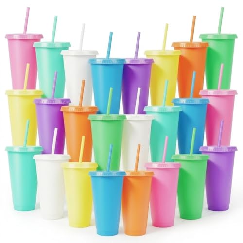 LEIFEOSH 24 Pack Plastic Tumblers with Lids and Straws, Reusable Cups with Lids Plastic Colorful Cups for Parties Birthdays, Iced Coffee Cup Cold Drink Cups Bulk Tumblers (24 oz, Macaron Colors)