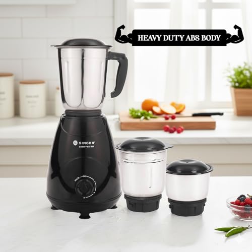 Image of SINGER Cheffy Mix Mixer Grinder | Sleek Design | 3 Stainless Steel Jars (Liquidizing Jar 1000ml, Grinding Jar 800ml, Chutney Jar 300ml) | 3-Speed Control with Incher | 500W | 2-Years Warranty