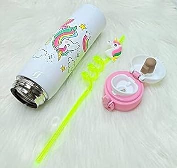 Tera13 Unicorn Printed Stainless Steel Insulated Sipper Water Bottle for Girls /Flask for Kids, School Random Design Bottle for Girls Straw for Girls Pack of 1 (Unicorn White Bottle with Straw)