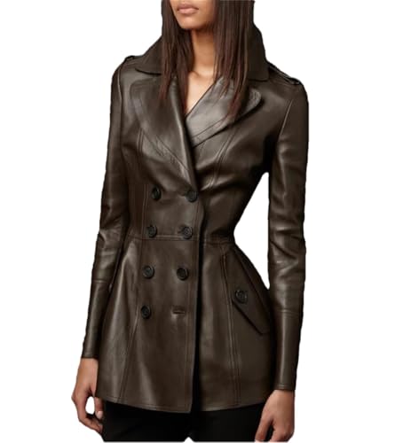 Trench-coat en simili cuir femme veste longue style britannique ceinturée