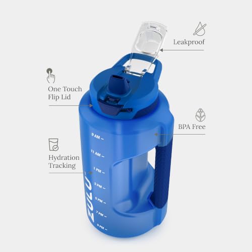 Image of ZULU Goals 64oz BPA-Free Plastic Water Bottle with Time Markers, Royal Blue | Half gallon leakproof water jug with time markers and locking straw lid. BPA-free, great for gym, work, and all-day hydration