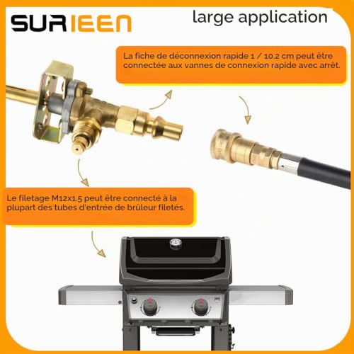 SURIEEN Pièce de rechange pour valve de barbecue, vanne de commande avec filetage M12 x 1,5 et connecteur de déconnexion rapide 1/4", compatible avec les barbecues à gaz Olympian 5500 et 5100 et Weber – vue 2
