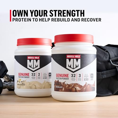 Image of Muscle Milk Genuine Protein Powder, Vanilla Creme, 1.93 Pounds, 12 Servings, 32g Protein, 2g Sugar, Calcium, Vitamins A, C & D, NSF Certified for Sport, Energizing Snack, Packaging May Vary