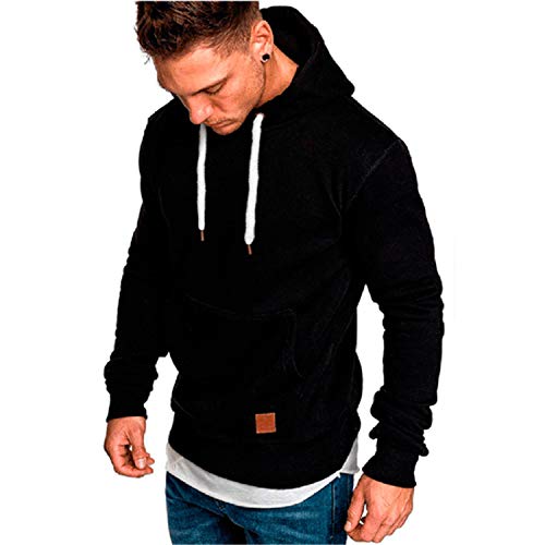 Soluo Mens Fashion Athletic Hoodies Sport Sweatshirt Solid Color Fleece Pullover Tops with Kangaroo Pocket (Black,X-Large)