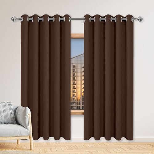 遮光カーテン 小窓 カーテン遮光間仕切り 165 x 205 cm 保温昼夜目隠し防寒冷気断断熱節電対策防音小窓ドレプ無地おしゃれ洗える/出用掃き出腰幼稚園, 茶色