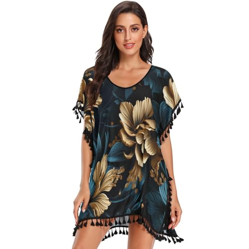 KAAVIYO Dark Blue Golden Flower Women's Beach Cover Up Chiffon Tassel Swimwear Swimsuit Coverups for Girl