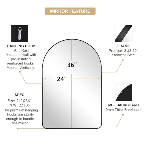 Image of ANDY STAR Arched Mirror, 24 x 36 Inch Black Wall Mirror in Stainless Steel Metal Frame, Arch Top Rounded Corner 1 Inch Deep Set Design Wall Mount Hangs Vertical