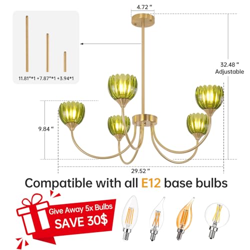 Image of Shenmoyl 30.31 inch Brass Gold 5-Light Chandelier, 5-Arm Green Tulip Glass Pendant Light Fixture, Height Adjustable Vintage Branch Chandelier for Dining Room Living Room Kitchen Island Farmhouse