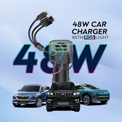 Image of Humble 3-Port Car Charger with Built-in 3 in 1 Charging Cable (Lightning /Type-C /Micro USB) PD Type-C & Dual USB-A 3.1A Works Compatible with iPhone, iPad, Samsung, Oneplus, Tablets & Other Devices