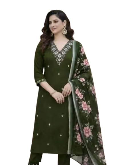 Women's Chanderi Silk Ethnic Motif V-Neck 3/4th Sleeve Kurti With Pant Dupatta Set-picture-56