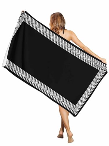 CosyBright Beach Towel Black White Greek Key Pattern Towels for Beach, Bath, Pool, Gym, Yoga-Lightweight, Quick Dry Oversized Beach Towel - Compact Travel Towel 35×71in, Geometric Modern
