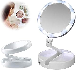 Portable Folding Makeup Mirror 1X/10X Magnifying LED Light Up Double Side Mirror 270°Rotation Tabletop Mirror Batteries or USB Charging