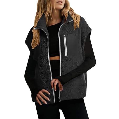 Fleece Vest Women Trendy Color Block Zip Up Sherpa Vests Lightweight Warm Sleeveless Fleece Jackets With Pockets