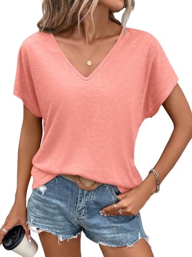 Camisetas de manga corta con cuello en V para mujer, de verano, casuales, básicas, holgadas, 2025, Coral, Large