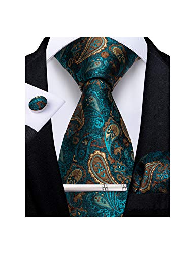 DiBanGu Silk Teal and Brown Paisley Tie Set Mens Formal Necktie Tie Clip Handkerchief Cufflinks Gift Box