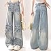 kakarin choyx Fashion High Waist Baggy Jeans Y2K Heart Pattern Tie Cargo Pockets Casual Straight Leg Wide Leg Denim Pants XL Blue