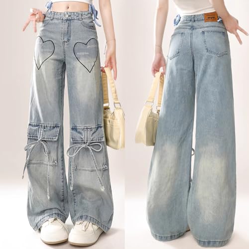 Fashion High Waist Baggy Jeans Y2K Heart Pattern Tie Cargo Pockets Casual Straight Leg Wide Leg Denim Pants2
