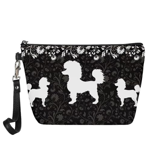Howilath Poodle Ethnic Tribal Floral Print Women Cosmetic Pouch Bags with Wrist Strap Zipper Travel Toiletry Pouch Pu Leather Organizer Bags