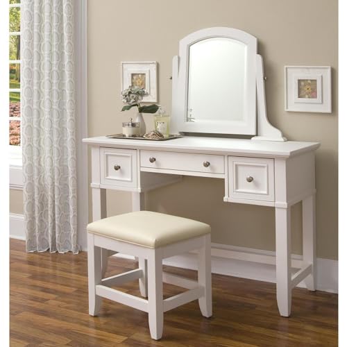 Home Styles Naples White Vanity Table and Bench with Mirror, Center Drawer, Two Outer Drawers, and Brushed Nickel Hardware