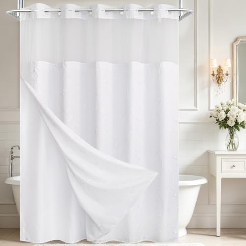 Blotixn No Hook Slub Textured Shower Curtain with Snap in Liner - 72x75 Farmhouse White with White Embroidered Leaf Floral Bathroom Curtain Set, Modern Waterproof & Washable with Mesh Top Window
