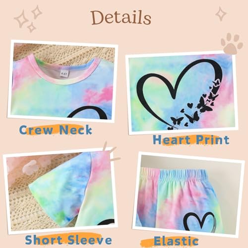 Image of Kids Girl Clothes Tie Dye Heart Print Short Sleeve Top and Shorts Toddler Girl Summer Outfits Short Set