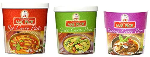Mae Ploy Red Curry Paste, Green Curry Paste and Panang Curry Paste Set. Great Cooking Gift. - PACK OF 2