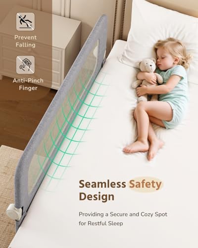 HOMEAL Bed Rail for Toddlers - 59\"x24\" Extra Long Foldable Toddler Bed Rails for King, Queen, Twin, Full, Double Bed - Breathable Guard Rail for Toddlers with U-Shape Base, Grey - Thumbnail 6