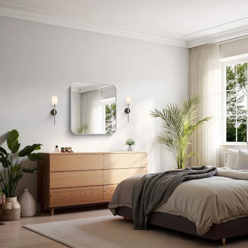 Image of KOCUUY Silver Bathroom Mirror, 24x24 Inch Bathroom Mirror for Over Sink, HD Tempered Glass, Anti-Rust Brushed Silver Frame, Rounded Corner Modern Design for Bathroom, Hang Horizontal /Vertical