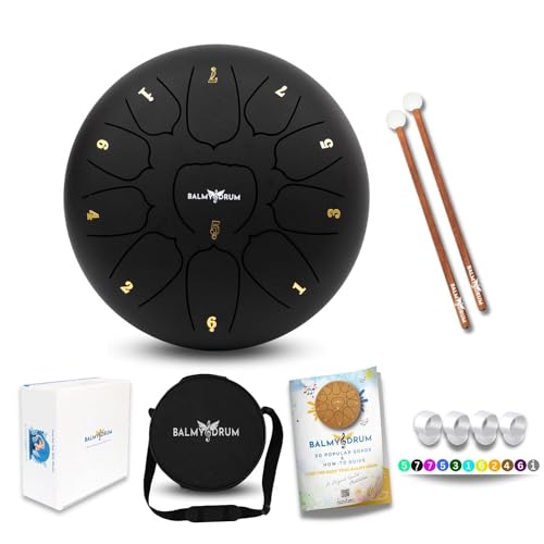 The Balmy Drum - 11 Note 10 Inch Steel Tongue Drum, Steel Drum Instrument, Drums For Children and Adults, Balmy Drum Set for Kids with Music Book, Handpan, Mallet and Carry Bag (Black)