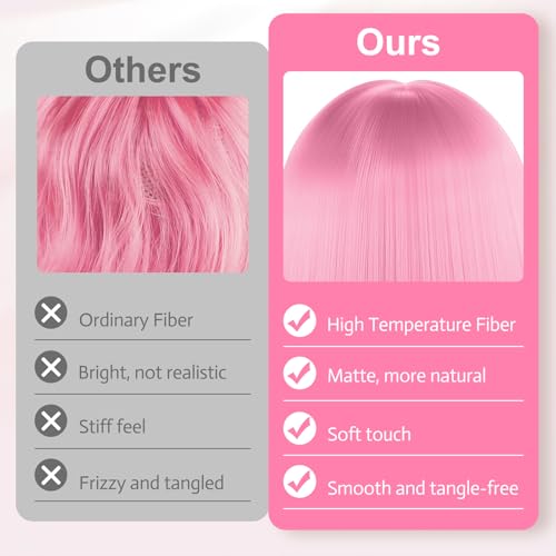 Image of MEEZY Pink Short Bob Wigs Straight Hair with Flat Bangs Heart Sunglasses for Women, Colorful Funny Cosplay Party Neon Wig Synthetic Natural As Real Carnival Halloween Costume