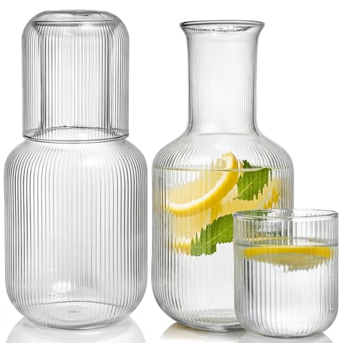 Bekith 2 Set 25 OZ Bedside Night Water Carafe with Tumbler Glass, Vertical Stripes Clear Glass Carafe for Bedroom Guest Room Nightstand, Mouthwash Decanter for Bathroom, Water Pitcher Set (4-Piece)