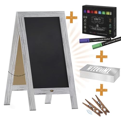 A Frame Chalkboard with Chalk Markers by HBCY Creations: 40x20 Solid Wood A-Frame Sign Whitewash Double-Sided Magentic Menu Board, Deluxe Set Includes 8 Chalk Markers, 10 Stencils, 2 Magnets