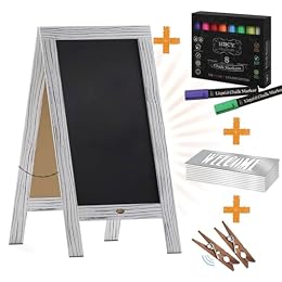 A Frame Chalkboard with Chalk Markers by HBCY Creations: 40x20 Solid Wood A-Frame Sign Whitewash Double-Sided Magentic Menu Board, Deluxe Set Includes 8 Chalk Markers, 10 Stencils, 2 Magnets