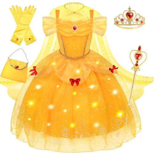 Princess Dress Up for Girls, Light Up Halloween Costume Princess Dress with Cape Princess Crown Gloves Wand Bag Gifts for Toddler Girls 5-8 Yellow