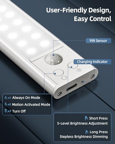 10inch Under Cabinet Lights, Motion Sensor Light Indoor, Wireless Closet Lights, 1800mAh Rechargeable Battery, Magnetic, 5 Levels Dimmable, Under Counter Lights for Kitchen, Bathroom (2 Pack) - Image 6