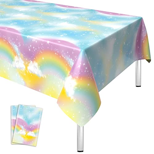 Lot de 2 nappes de fête jetables en plastique arc-en-ciel pastel - 274 x 137 cm - Fines et imperméables - Thème licorne - Pour anniversaire, fête prénatale, anniversaire de mariage Cover