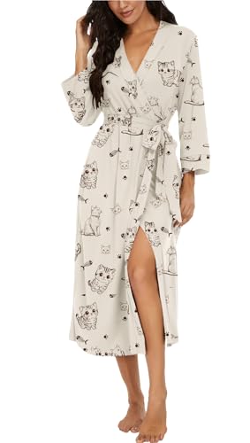Image of VINTATRE Robes for Women Long Knit Bathrobe XS-4XL | 3 /4 Sleeve Bathrobes with Pockets, Stretchy and Lightweight Fabric, Inner Tie and Fixed Outer Belt, Mid Calf Length
