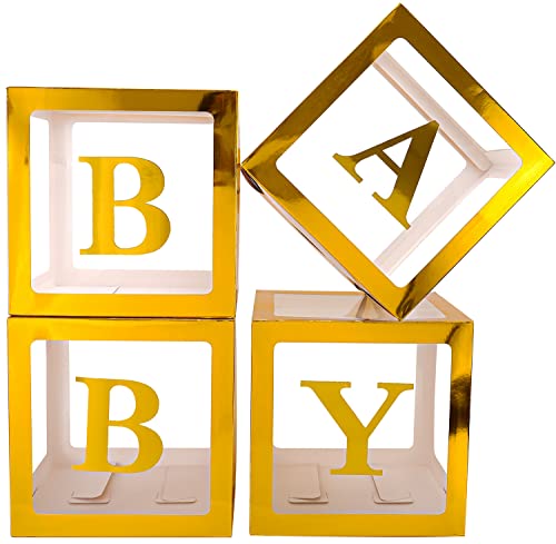 Image of Sooyee Gold Clear Baby Boxes with Letters for Baby Shower Birthday Party Decorations, Transparent Ballon Boxes Backdrop,Gender Reveal, Baby Blocks