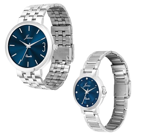 Image of jainx Steel Chain Gift Set Analog Wrist Watch for Couple (Blue /Green Color Dial)