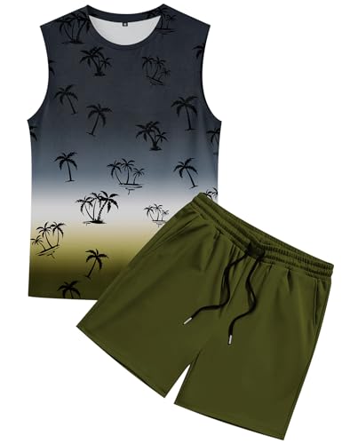 LecGee Men's Casual Summer Sleeveless Muscle Shirts 2 Piece Workout Gym Shirts Palm Tree Vintage Style Outfits(BR,M)