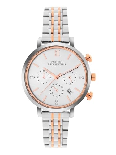 French Connection Sunray Silver Round Dial with Rose Gold Two Tone Stainless Steel Strap Chronograph Watch for Womens - FCN0127RTM