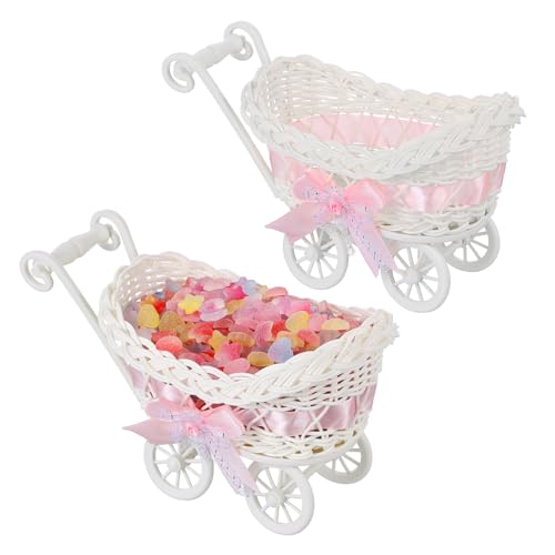 Panier dragées petit chariot tressé pour décoration de table mariage